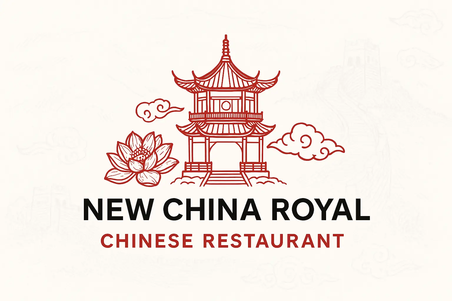 Logo of “NEW CHINA ROYAL” Chinese Restaurant, featuring a red Chinese - style pavilion, lotus, and clouds